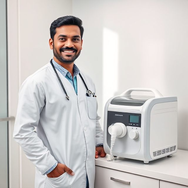 Friendly medical professional with respiratory care equipment